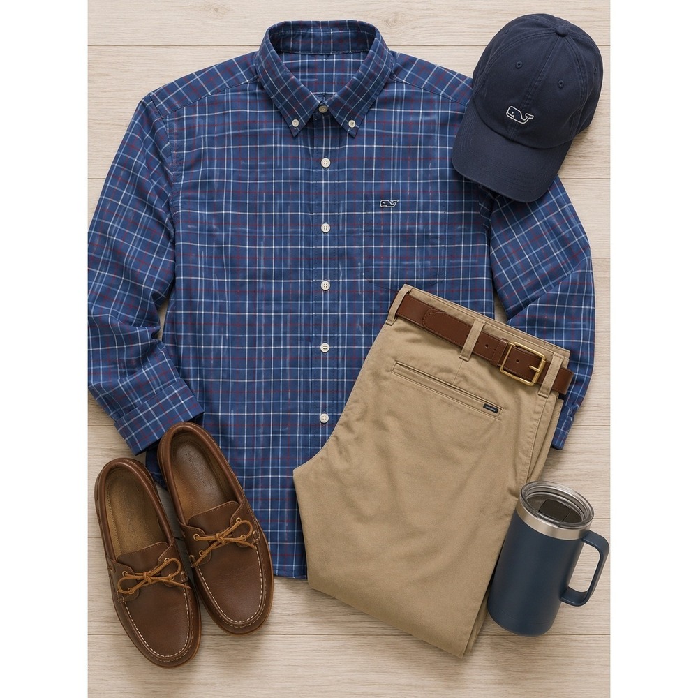 Vineyard Vines Performance Classic Fit Whale Shirt Blue Plaid Mens XS Stretch